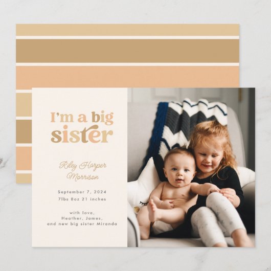 Ik ben een grote zus (neutraal) Foto Geboorte Aankondiging (Voorkant / Achterkant)