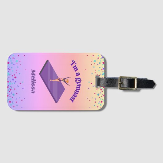 Ik ben een gymnast, meisje met leotard op Paarse G Bagagelabel (Voorkant (horizontaal))