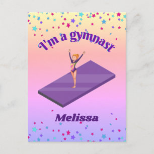 Ik ben een gymnast, meisje met leotard op Paarse G Briefkaart