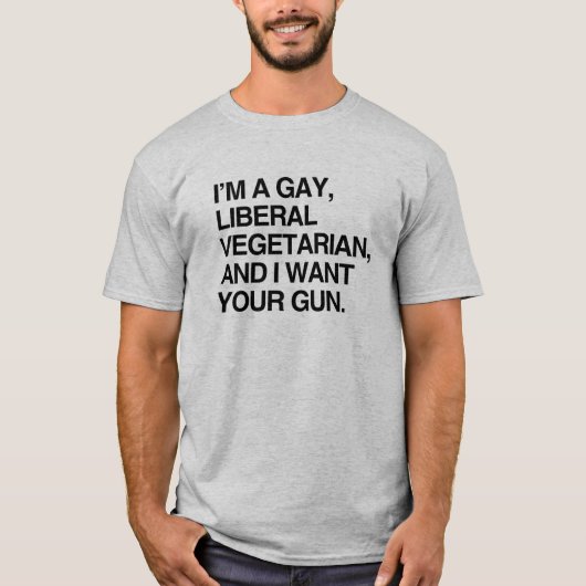 Ik ben een homoseksuele, liberale vegetariër t-shirt (Voorkant)