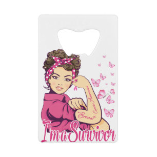 Ik ben een overlevende Rosie Riveter Breast Cancer Creditkaart Flessenopener