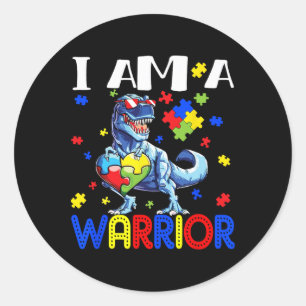 Ik ben een Strijder Autisme Jongens Familie Dinosa Ronde Sticker