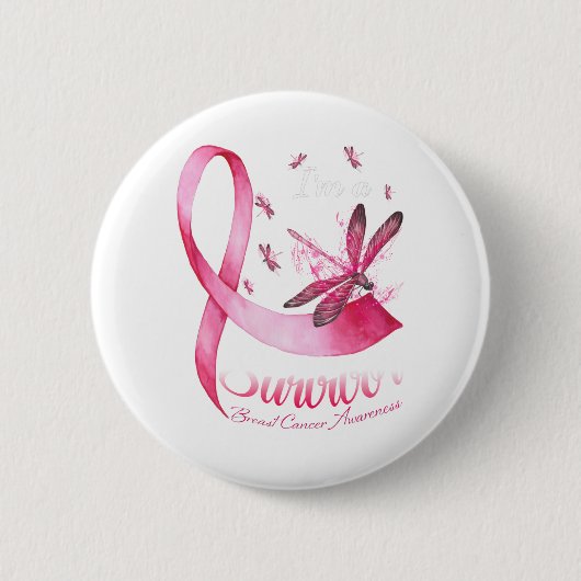 Ik ben een Survivor Dragonfly roze lintkanker Ronde Button 5,7 Cm (Voorkant)
