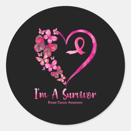 Ik ben een Survivor Pink Heart Butterflies Breast Ronde Sticker (Voorkant)