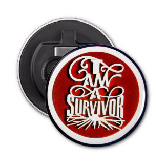 IK BEN EEN SURVIVOR Round Bottle Opener. Button Flesopener