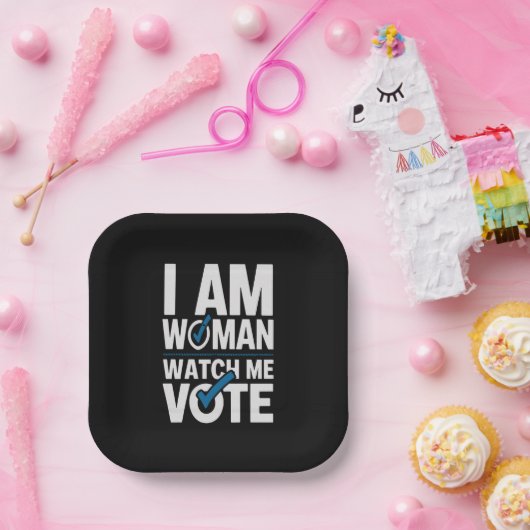 Ik ben een vrouw die kijkt hoe ik  stem papieren bordje (Feest)