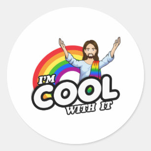 Ik ben er blij mee - Regenboog Jezus Ronde Sticker