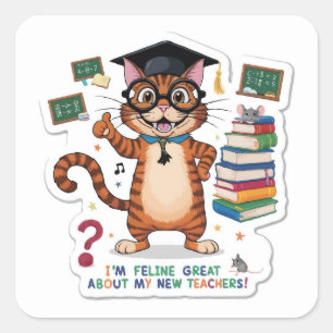Ik ben Feline Great Back-to-School Happy Cat Stude Vierkante Sticker