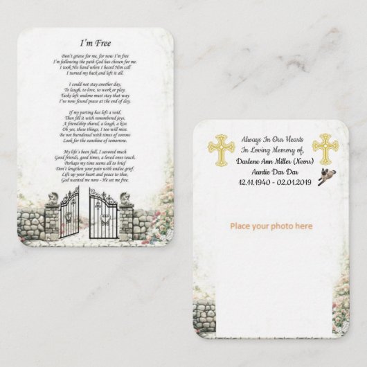 Ik ben Free Memorial Funeral Kaart (Voorkant / Achterkant)