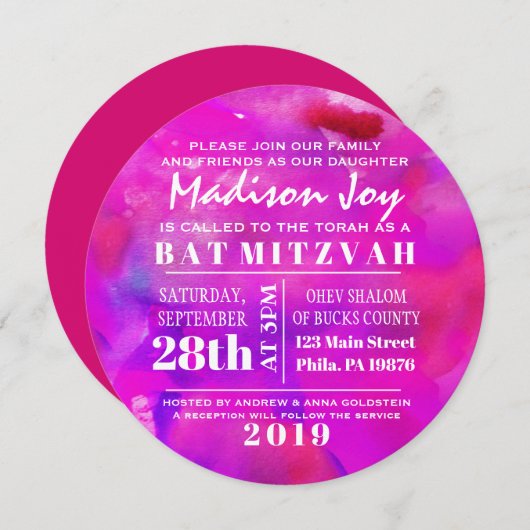 IK BEN FUCHSIA-WATERVERF  Bat Mitzvah-uitnodiging Kaart (Voorkant / Achterkant)