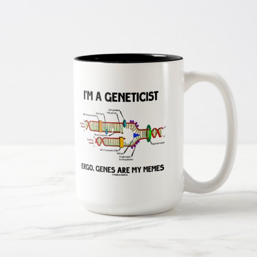 Ik ben geneticus Ergo Genes are My Memes (DNA) Tweekleurige Koffiemok (Rechts)