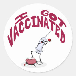 "IK BEN GEVACCINEERD" Gekke Cartoon spuit en virus Ronde Sticker