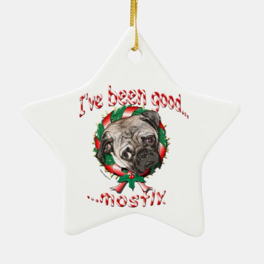 Ik ben goed geweest... meestal. Pug-kerstversierin Keramisch Ornament (Achterkant)