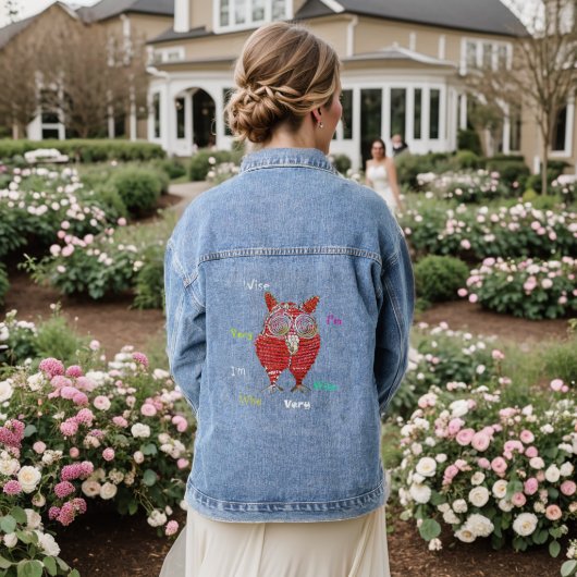 Ik ben heel wijs funky rode uil denim jacket (Huwelijk Achterkant)