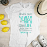 Ik ben het Way T-shirt in pastelkleuren<br><div class="desc">Christelijk T-shirt met het bijbelse vers van John 14:6 Jezus zei hem: "Ik ben de weg, de waarheid en het leven. Niemand kan naar de Vader komen, behalve door mij." De verzen zijn in blauwe pastelkleuren en in gemengde kalligrafie en minimalistische typografie. Dit trendy, moderne geloof ontwerp is het perfecte...</div>