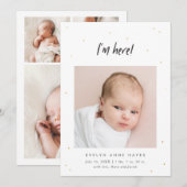 Ik ben hier Baby Foto Gold Stippen Birth Aankondiging (Voorkant / Achterkant)
