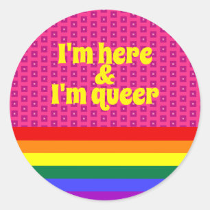 Ik ben hier en ik ben Queer LGBT Rainbow Flag Ronde Sticker