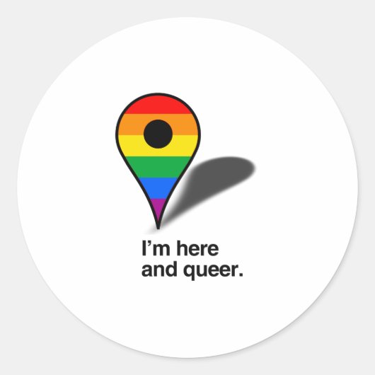 Ik ben hier en queer ronde sticker (Voorkant)
