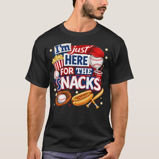 IK BEN HIER GEWOON VOOR DE HAPJES Grappig Honkbal T-shirt (Voorkant)