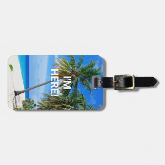 IK BEN HIER! Witte zandbalkpalmen, contactinfo DIY Bagagelabel (Voorkant horizontaal)