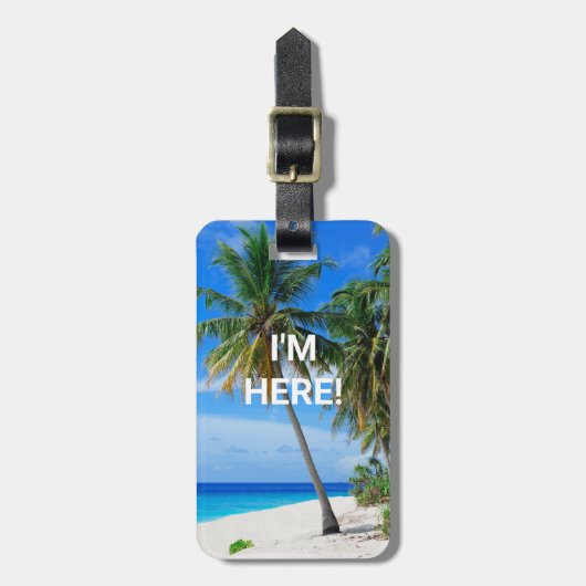 IK BEN HIER! Witte zandbalkpalmen, contactinfo DIY Bagagelabel (Voorkant verticaal)