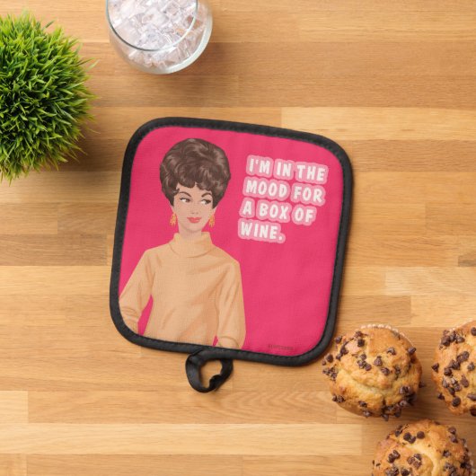 Ik ben in de stemming voor een doos wijn. pannenlap (Top down)