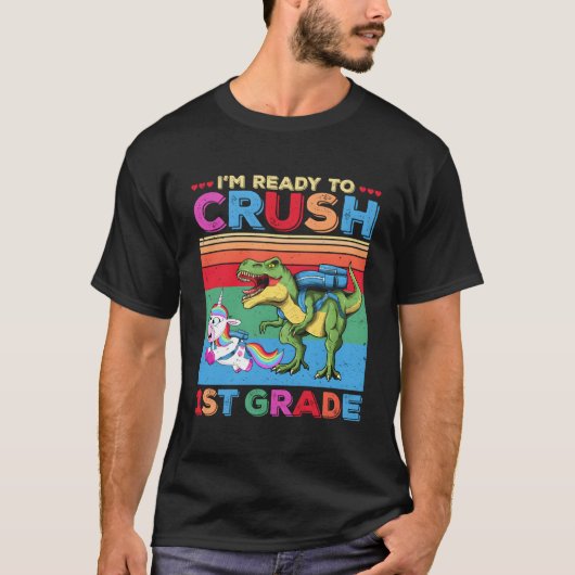 Ik ben klaar om 1e klas eenhoorn dinosaurus terug t-shirt (Voorkant)