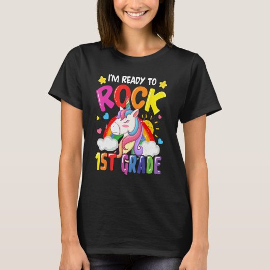 Ik ben klaar om 1e klas eenhoorn regenboog terug t t-shirt (Voorkant)