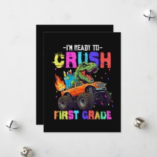 Ik ben klaar om de eerste klas dinosaurus vrachtwa feestdagenkaart