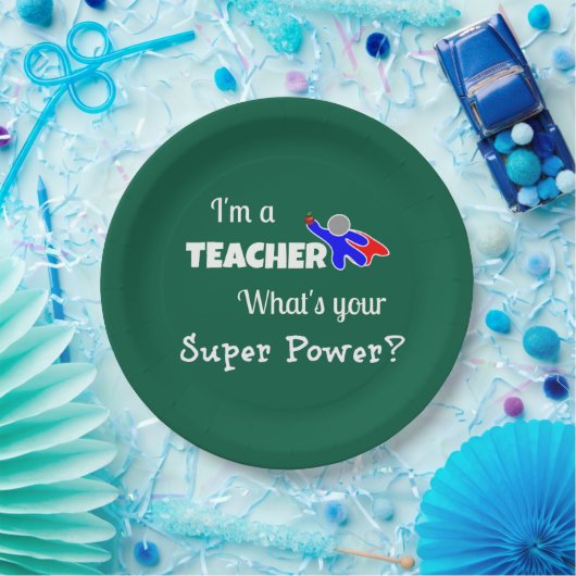 "Ik ben leraar. Wat is je superkracht?" Papieren Bordje (Feest)