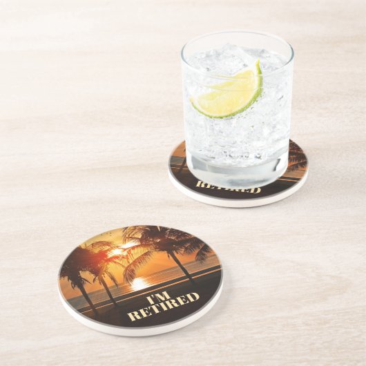 IK BEN MET PENSIOEN, TROPISCHE PALMBOMEN, ZANDSTEEN ONDERZETTER (Zijkant)