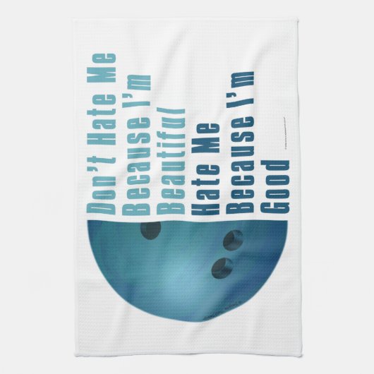 Ik ben mooi en goed Bowling blauw Theedoek (Verticaal)