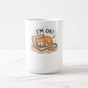 Ik ben ok slapende kat laptop cartoon koffiemok