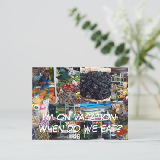 Ik ben op vakantie. Wanneer eten we? Briefkaart (Staand voorkant)