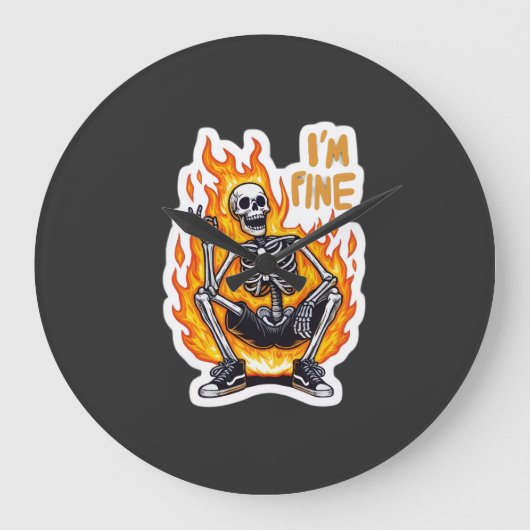 Ik Ben Prima Skelet op Vuur Grappige Sticker Illus Grote Klok (Voorkant)