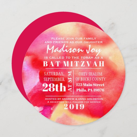 Ik ben RED WATERVERF Bat Mitzvah Uitnodiging (Voorkant / Achterkant)