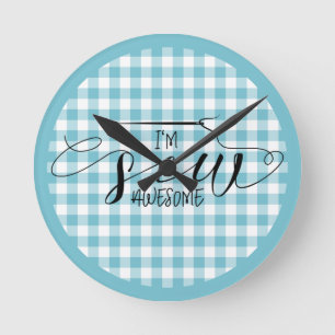 Ik ben Sew Geweldige Blue Gingham Ronde Klok