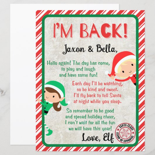 Ik ben terug met de kerst elf aankomstbrief (Voorkant / Achterkant)