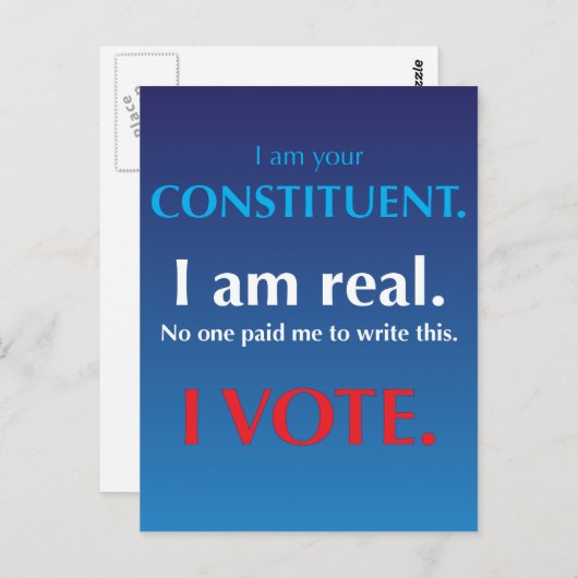 Ik ben uw constituent. Ik ben echt. Ik stem Briefkaart (Voorkant / Achterkant)
