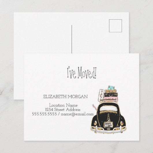 Ik ben verhuisd, auto, koffers nieuw adres aankondigingskaart (Voorkant / Achterkant)