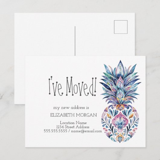 Ik ben verhuisd, chique kleurrijke ananas nieuw ad aankondigingskaart (Voorkant / Achterkant)
