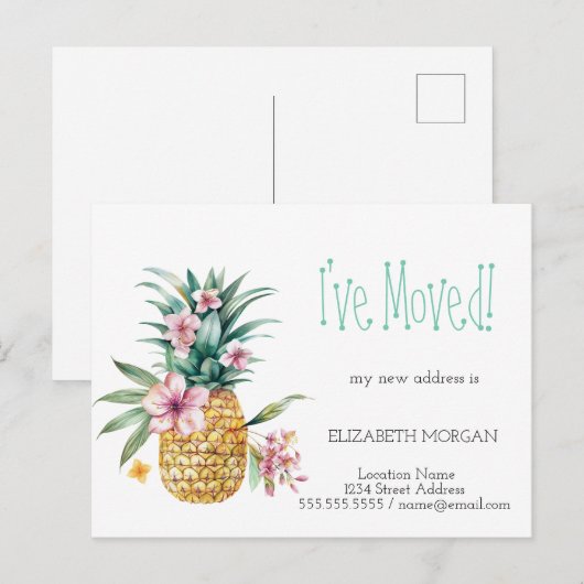 Ik ben verhuisd, groen, bloemige ananas nieuw adre aankondigingskaart (Voorkant / Achterkant)