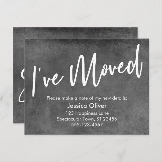"Ik ben verhuisd" Handschrift Grey Grunge Aankondi Kaart (Voorkant / Achterkant)