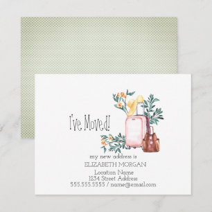 Ik ben verhuisd, koffers, bloemen Nieuw adres Aankondiging