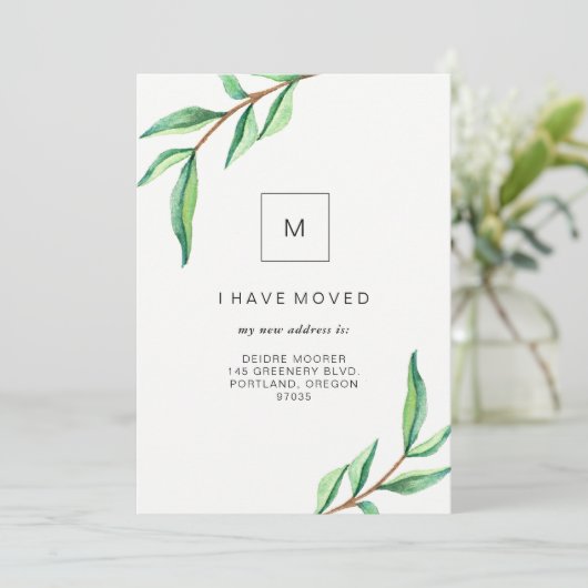 Ik ben verhuisd | Minimale groene bladeren Aankondiging (Staand voorkant)