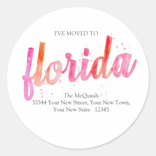 Ik ben verhuisd naar Waterverf Florida State Ronde Sticker (Voorkant)