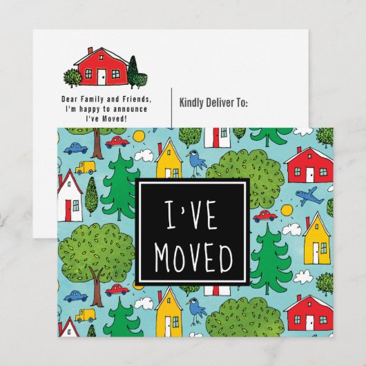 Ik ben verhuisd Schattige Cartoon Town Nieuw adres Aankondigingskaart (Voorkant / Achterkant)