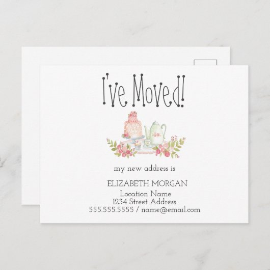Ik ben verhuisd, Teapot Flowers New Address Aankondigingskaart (Voorkant / Achterkant)
