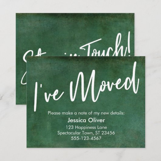 "Ik ben verhuisd" Typografie Grunge Green Aankondi Kaart (Voorkant / Achterkant)
