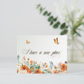 Ik ben verhuisd, zomerbloemen en vlinders briefkaart (Staand voorkant)